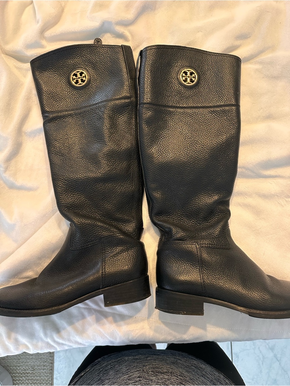 Tory Burch Black Leather Mid-Calf Riding Boots with Gold Logo Medallions